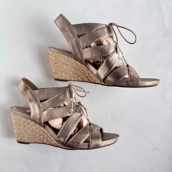 Clarks Acina Chester Metallic Leather Sandals Wedges Gladiator Lace Up 10W - Picture 1 of 10